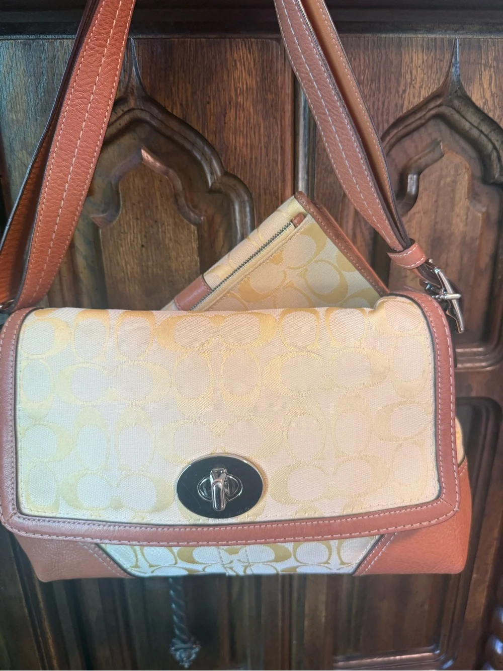 Authentic Coach Cream and Saddle Brown Shoulder Bag